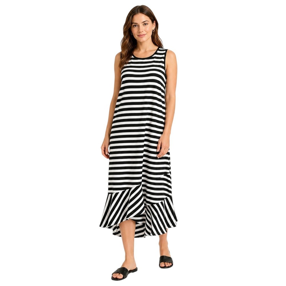 New Lauren‎ Ralph Lauren Women Striped Maxi Dress XL Black White Stripes Ruffle